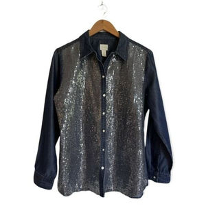 CHICO'S COTTON AND SEQUIN BUTTON DOWN TOP..! SIZE M